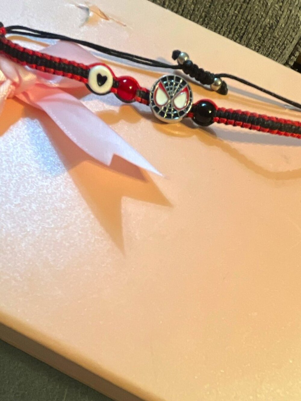 Red Black Cord Braided Charm Bracelet Silver Tone Dangle Adjustable Slide